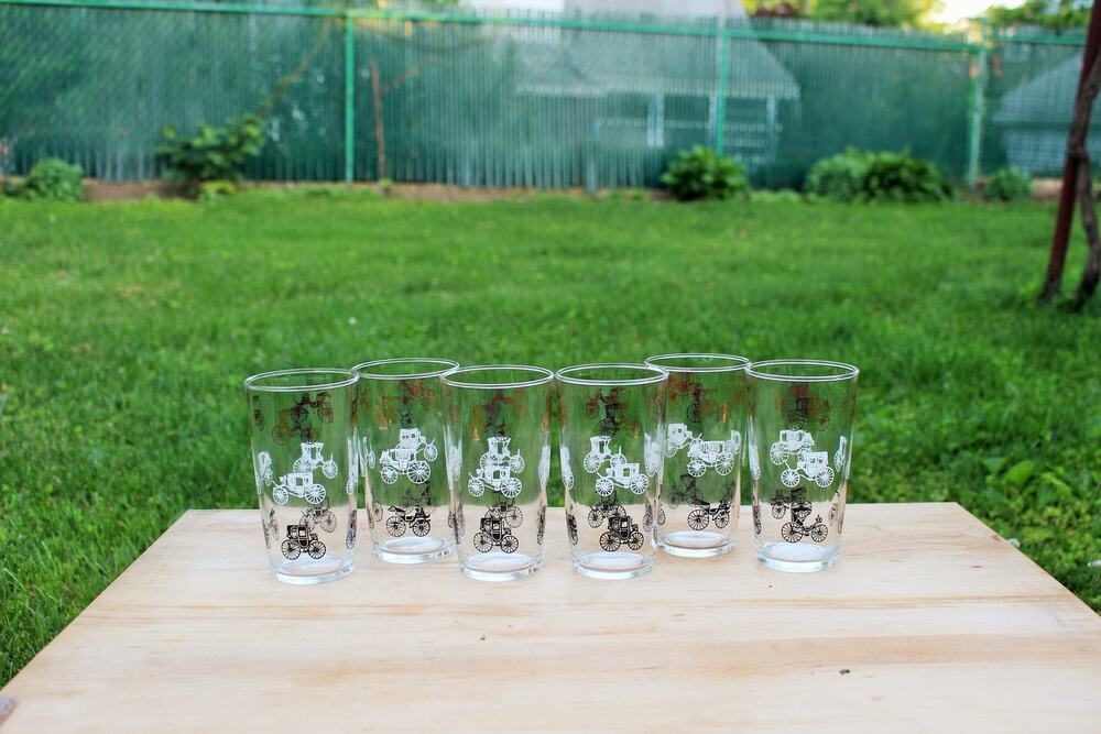 Hazel Atlas Gay Fad Gold Buggy Glasses Mid Century 1950s Barware Set of 6